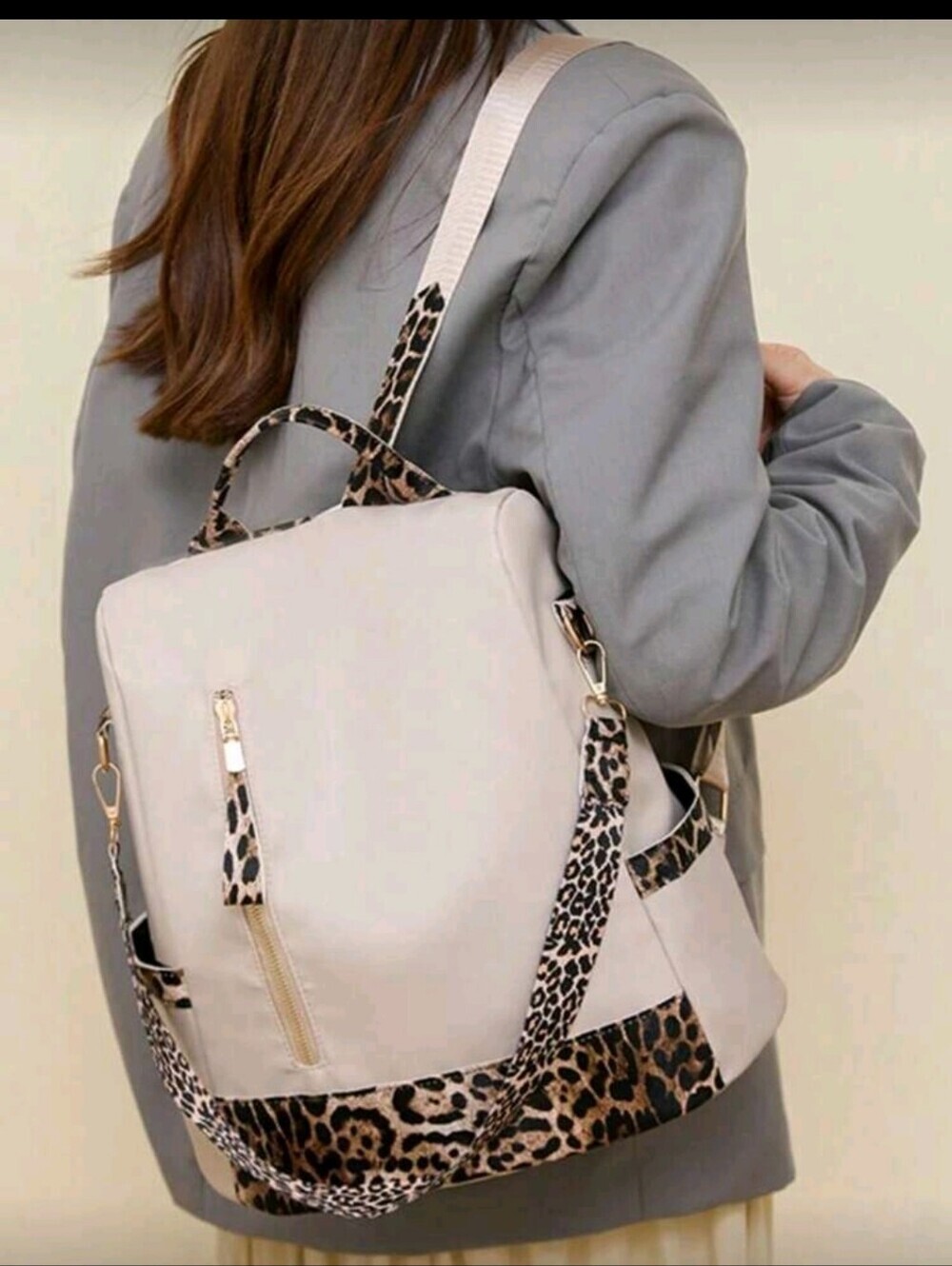 Women’s Cream Backpack with Leopard Trim